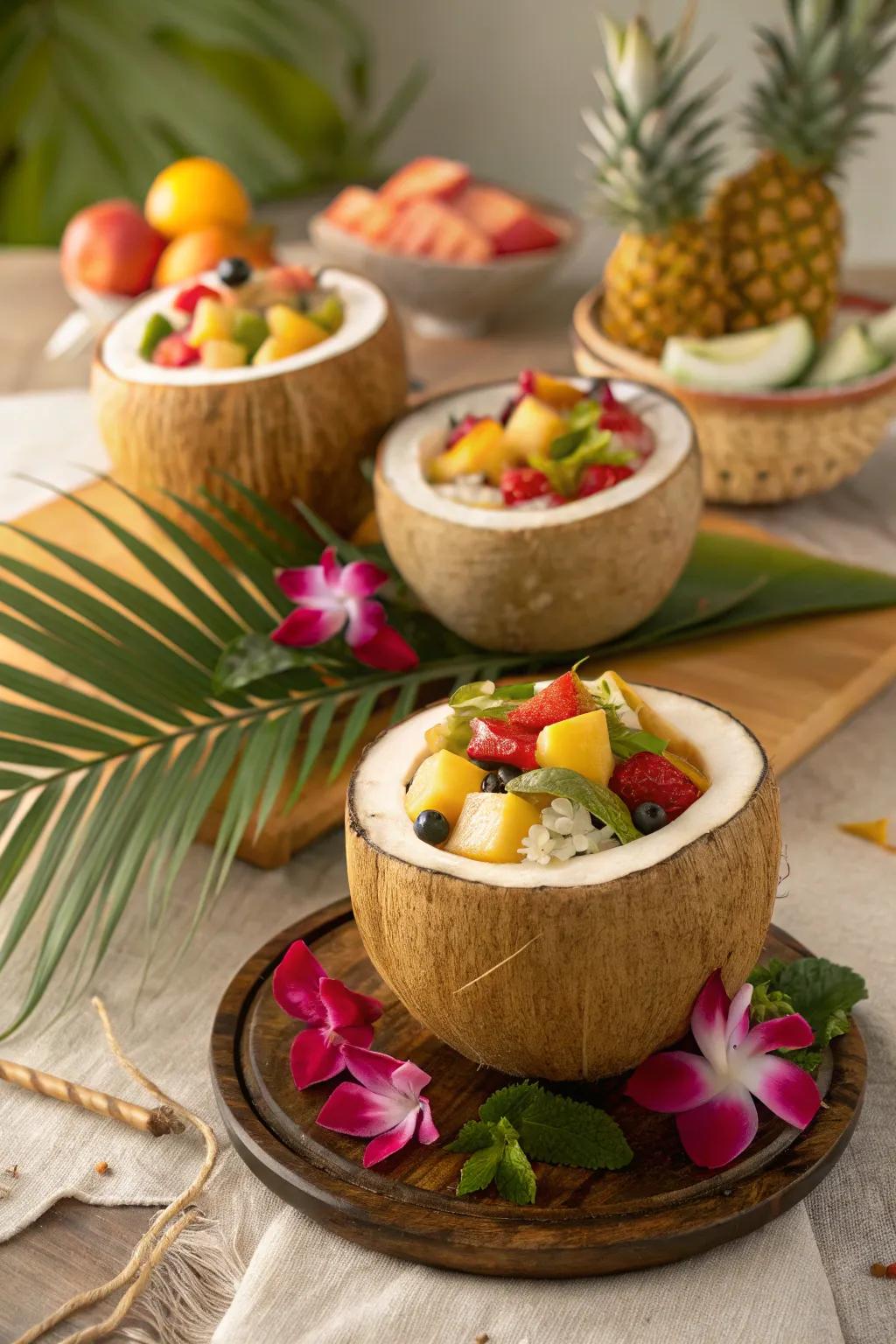 Coconut fruit receptacles introduce an exotic and eco-friendly vibe.