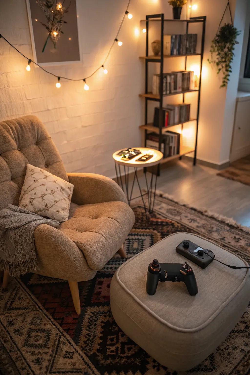 A comfortable space offers relaxation amidst gaming.