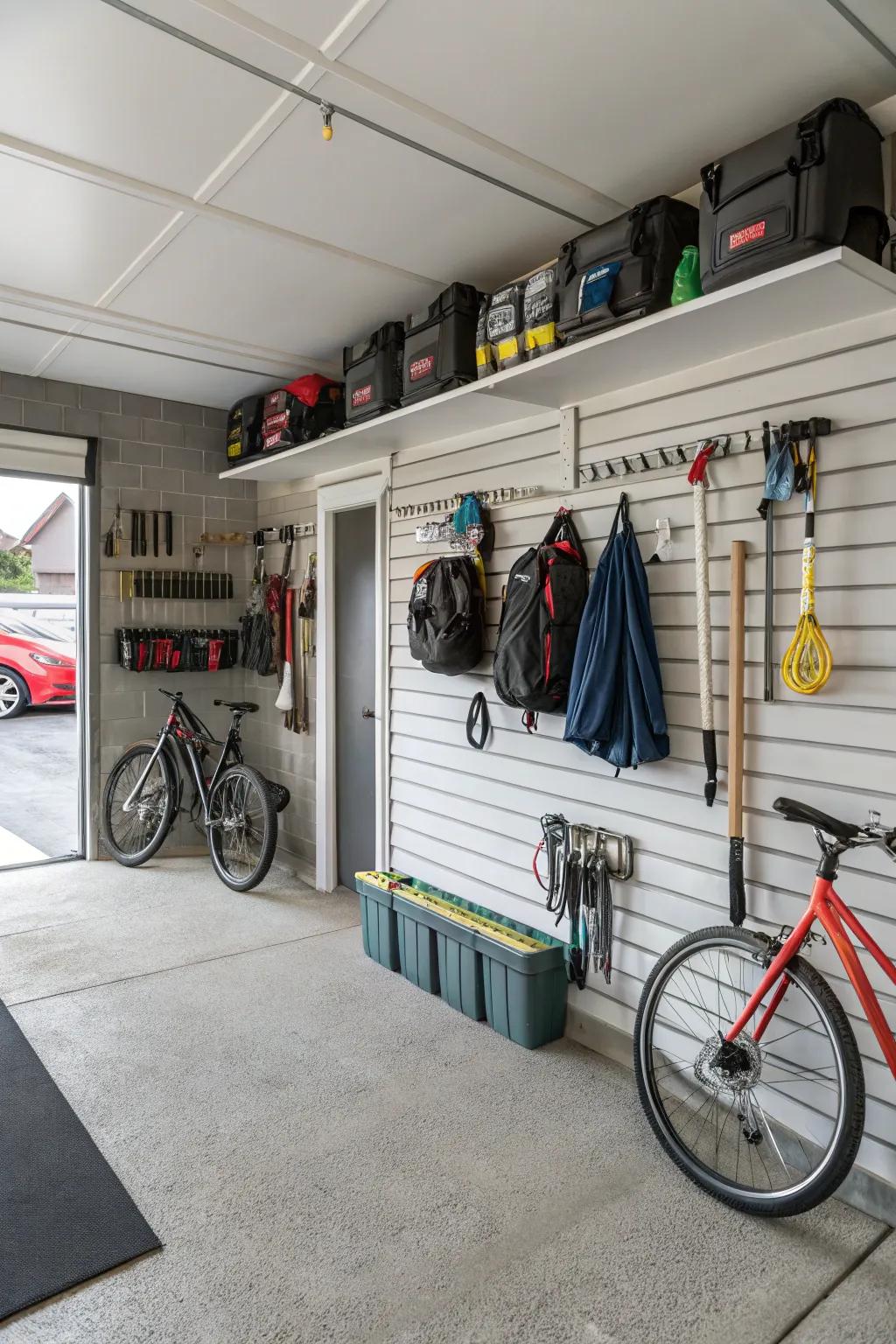 A slatwall system offers flexible and adaptable storage solutions.