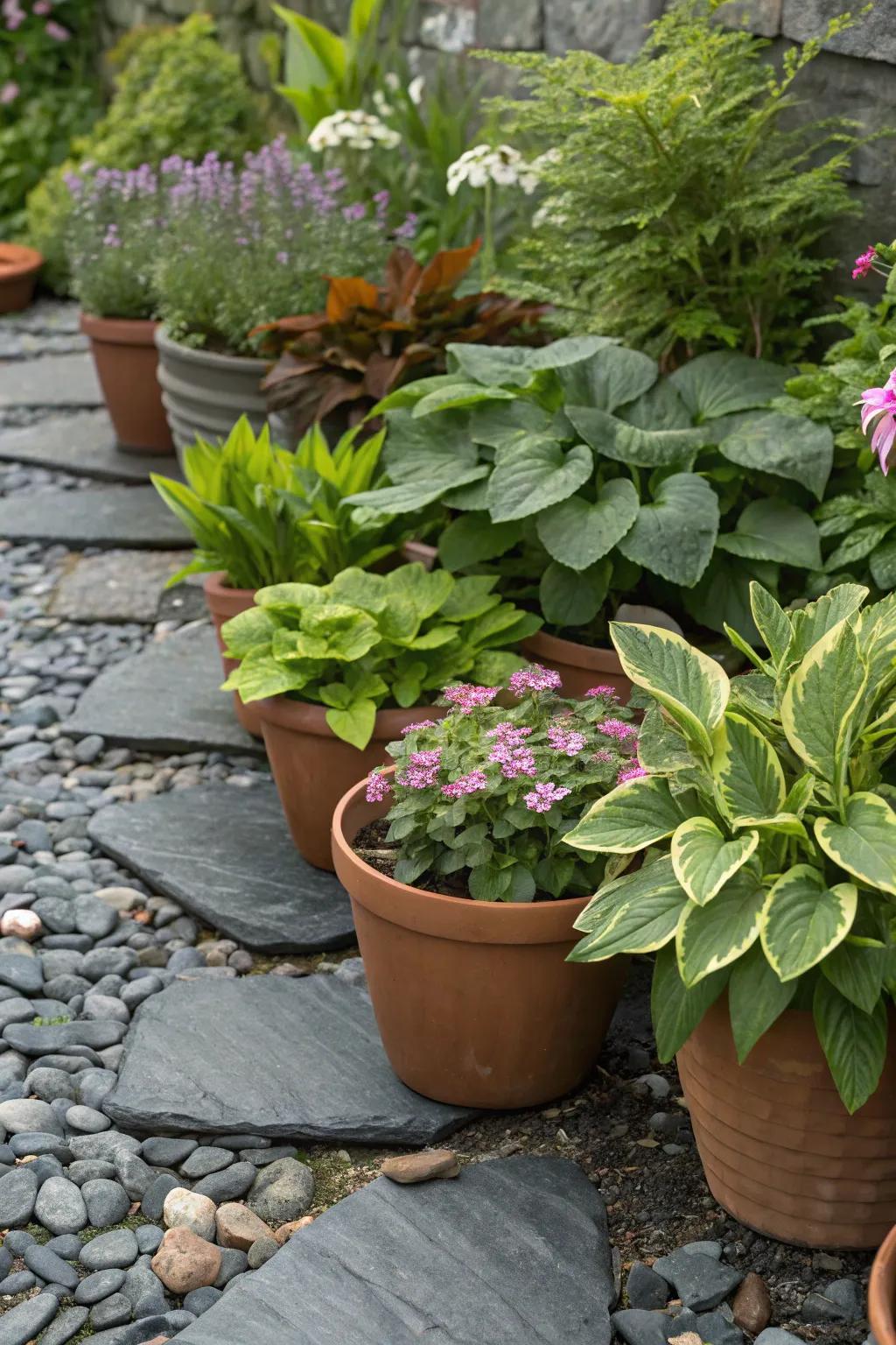 Craft a chic container garden with stone fragments as a base.