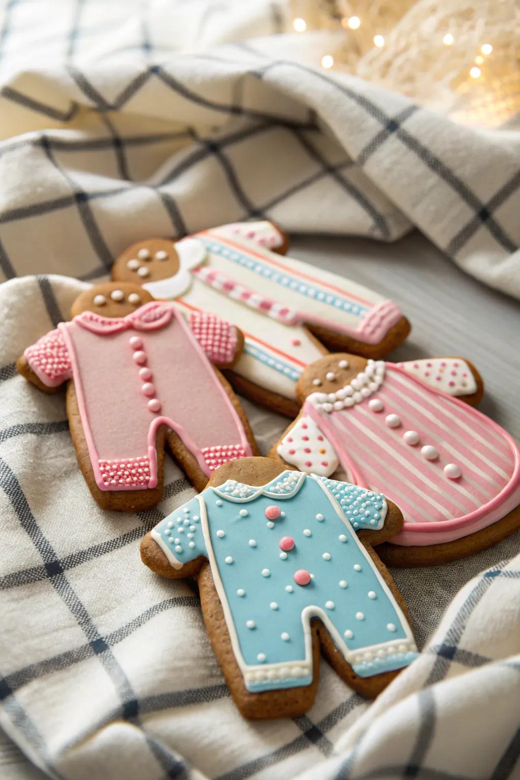 Gingerbread biscuits donning their holiday pajamas.