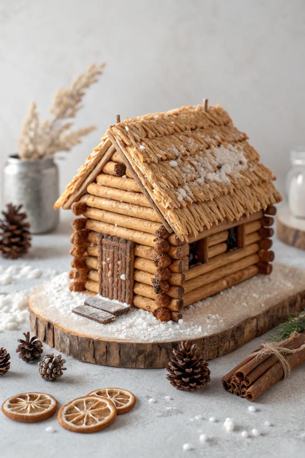 Embrace the warmth of the season with a cozy, country log cabin made entirely of sweet treats. Perfect for adding a touch of handmade charm to your holiday decor!