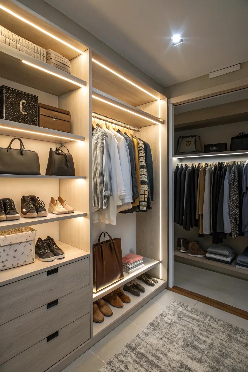 Lighting transfigures your closet into a showcase.