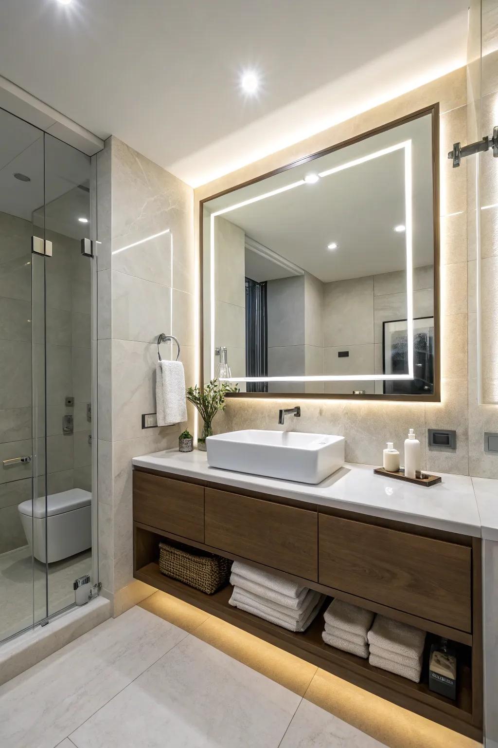 A modern bathroom features a backlit mirror and sleek design.