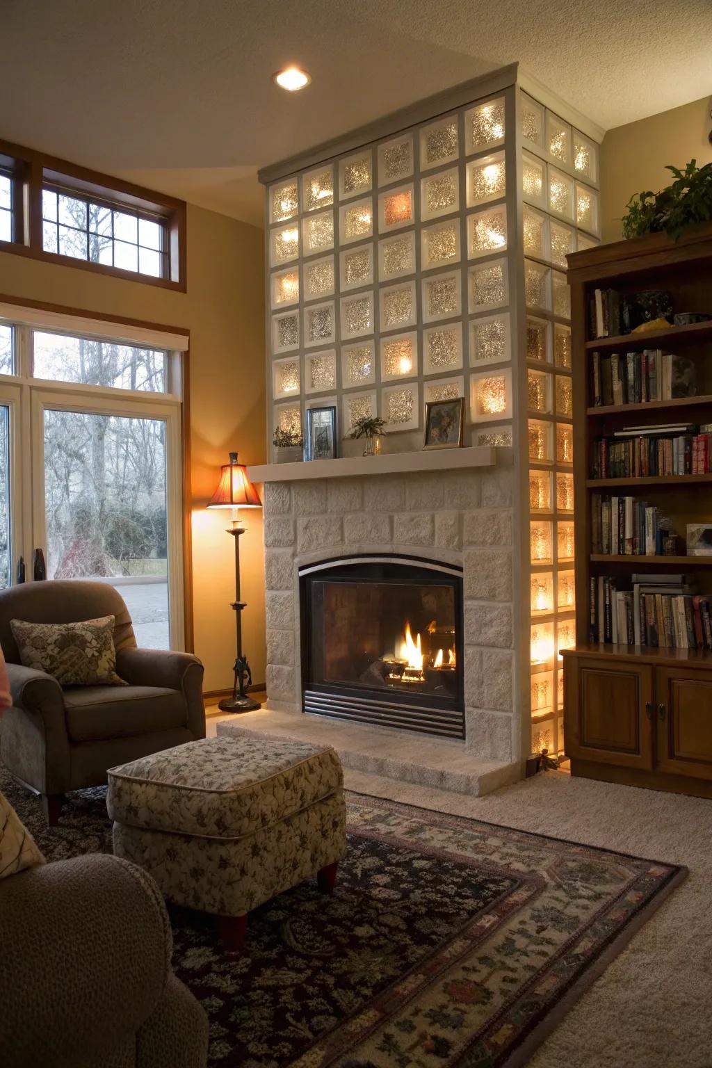 A fireplace featuring a contemporary transparent cube border.