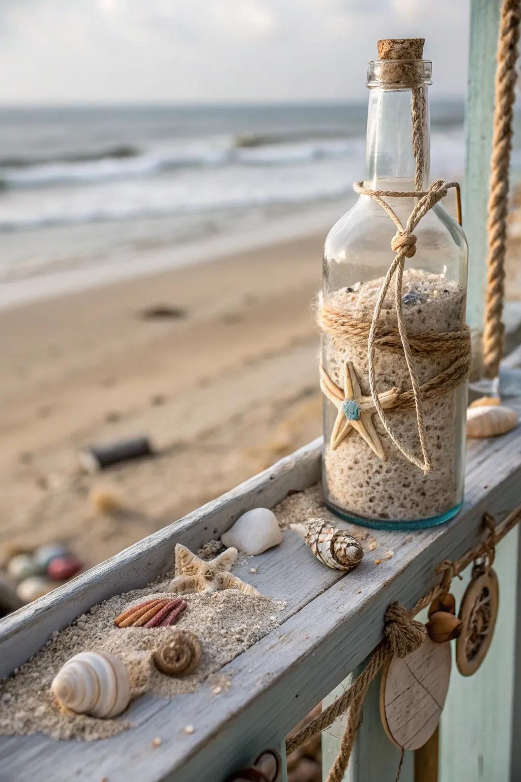 Sea-faring bottles capturing the essence of the seashore.