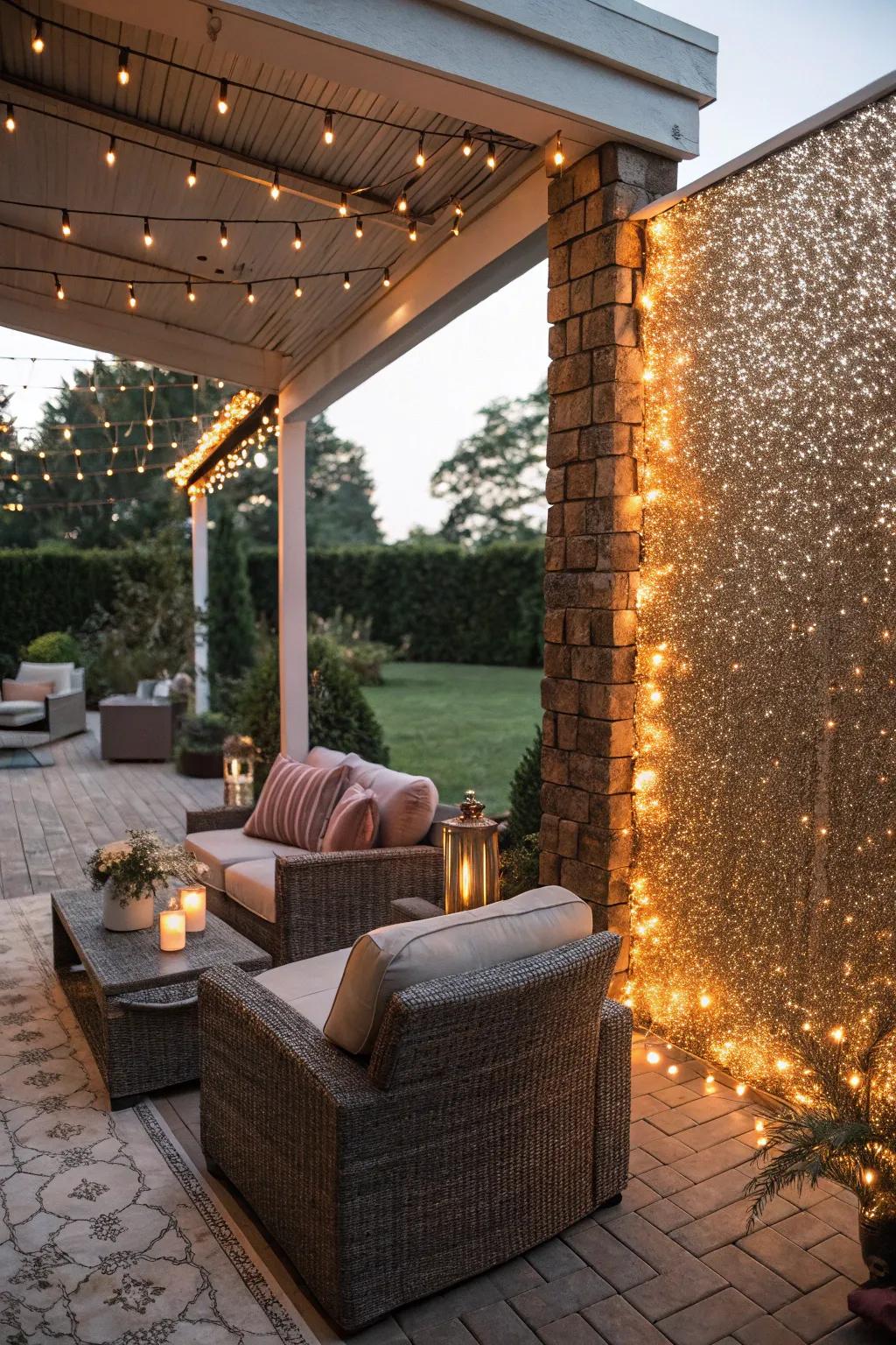 A <strong><em>glitter accent wall</em></strong> adds radiance to an outdoor patio.” loading=”lazy” class=”pimg”>
	</picture><figcaption>A <strong><em>glitter accent wall</em></strong> adds radiance to an outdoor patio.</figcaption></figure>
<p>Yes, you can even bring a <strong><em>glitter accent wall</em></strong> to the outdoors! I suggested this to a client for their patio space, and the evening radiance it produces is utterly captivating.</p>
<h3>Check if these fit your needs:</h3>
<ul class=