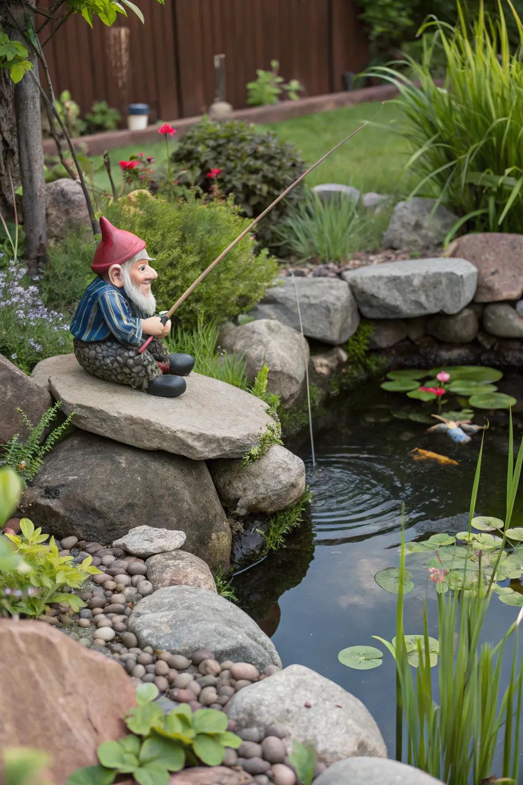 A playful gnome angling pond, adding an element of whimsy to the garden.