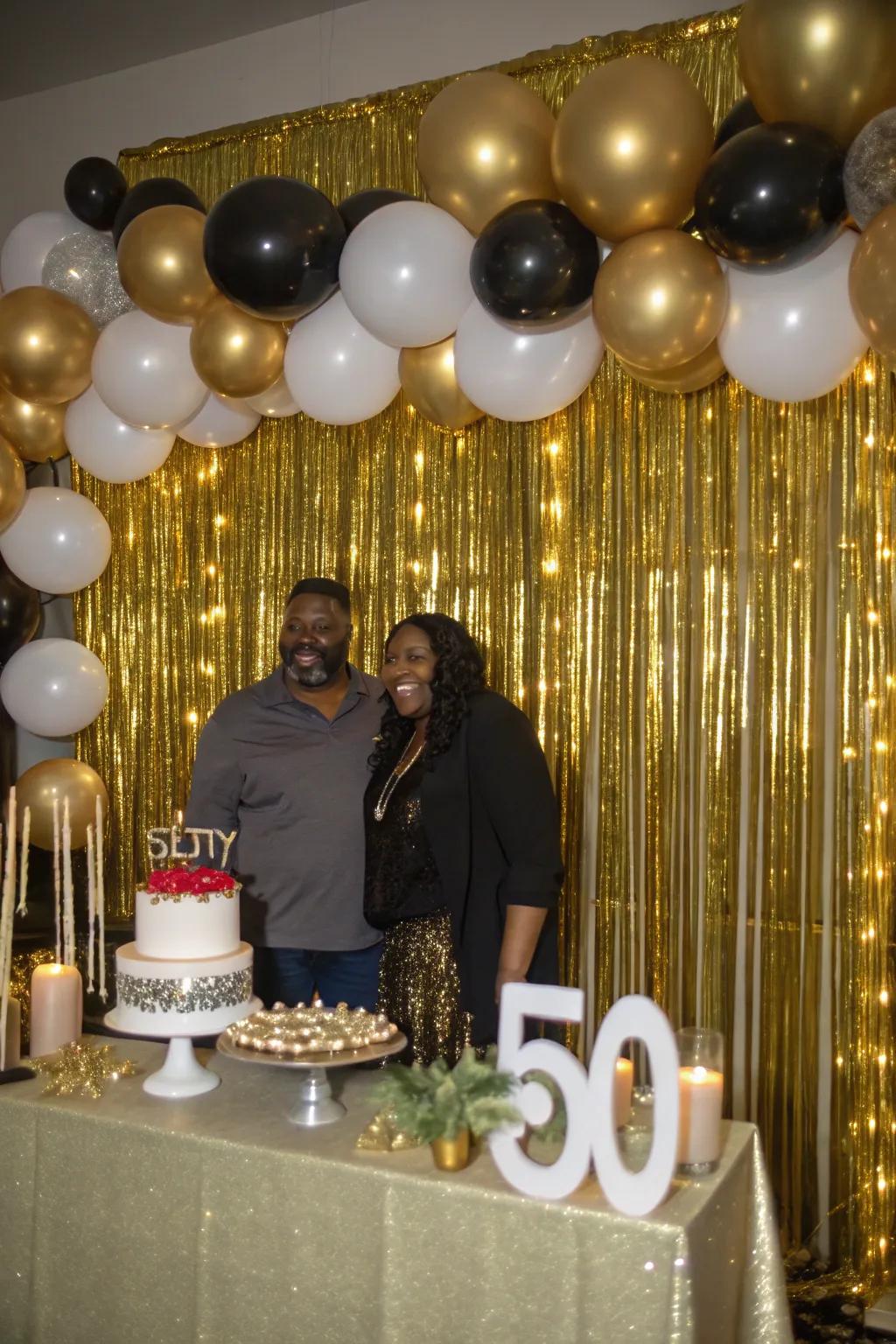 Fringe curtains create a dynamic, celebratory background.