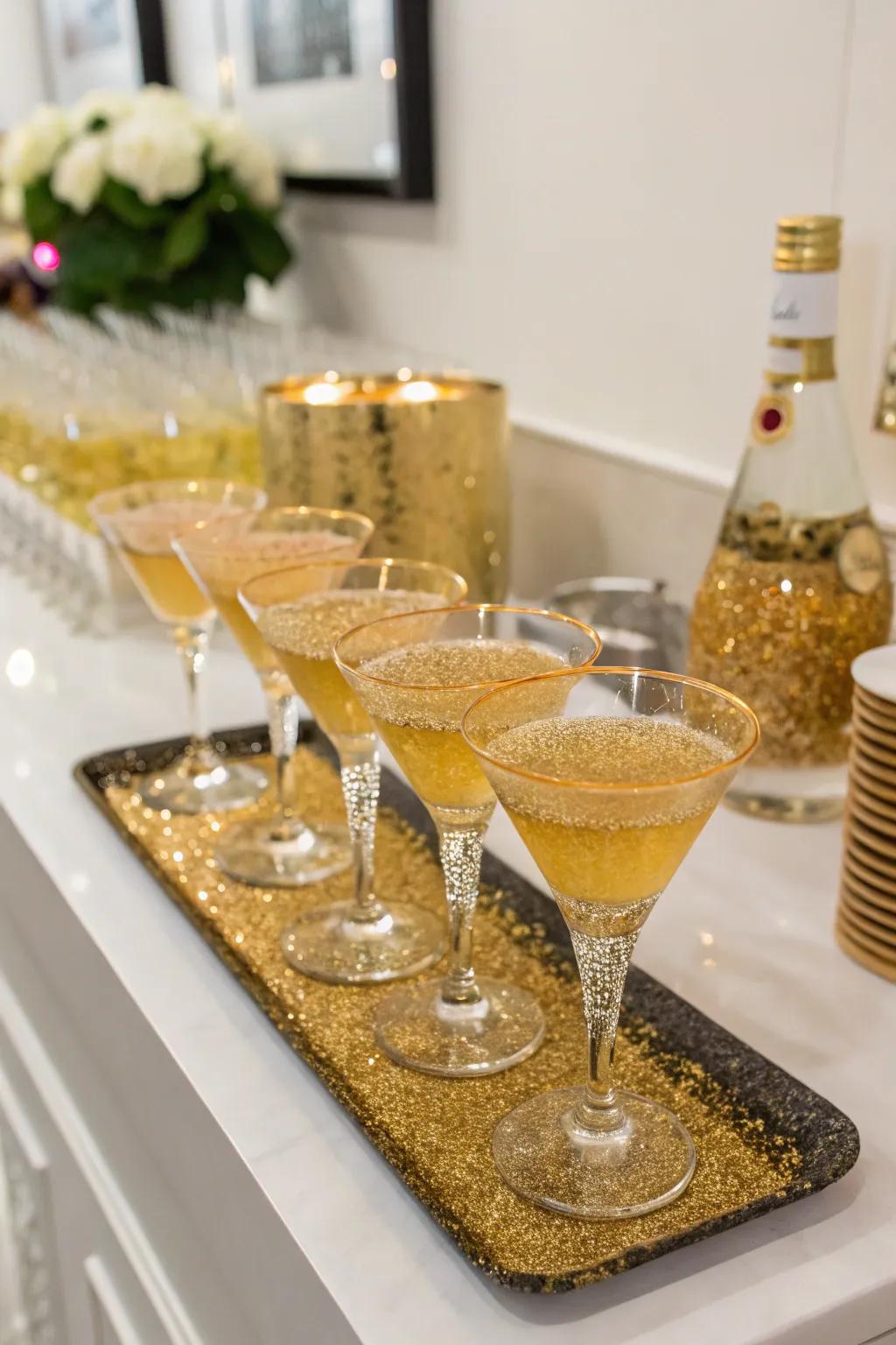 A glamorous beverage station with sparkling gilded beverages.