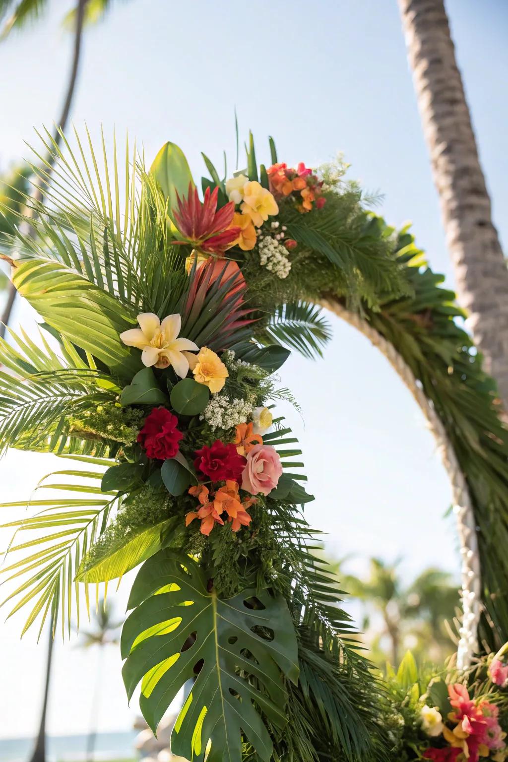 A tropical-inspired natural fiber wreath showcasing palm fronds.