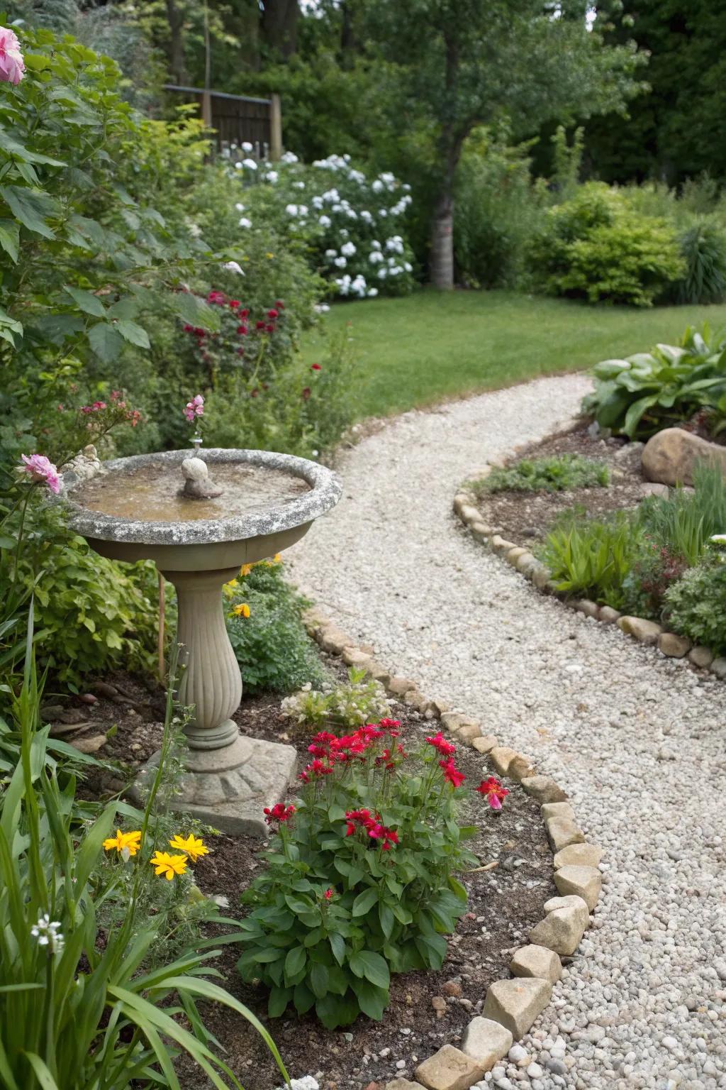 A wildlife-friendly stone garden complete with a birdbath
