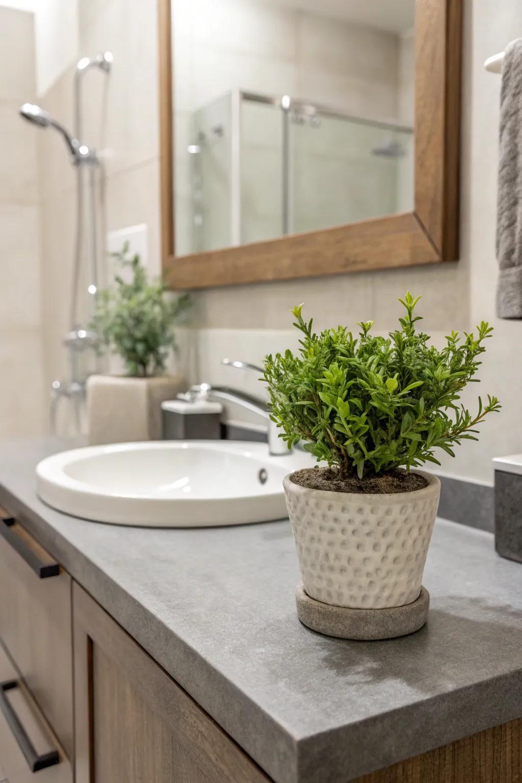 A hint of verdant life infuses vitality into this gray and white space.