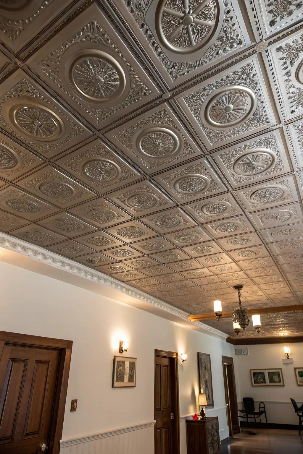 Metallic plates contribute vintage elegance and a unparalleled shimmer to ceilings.
