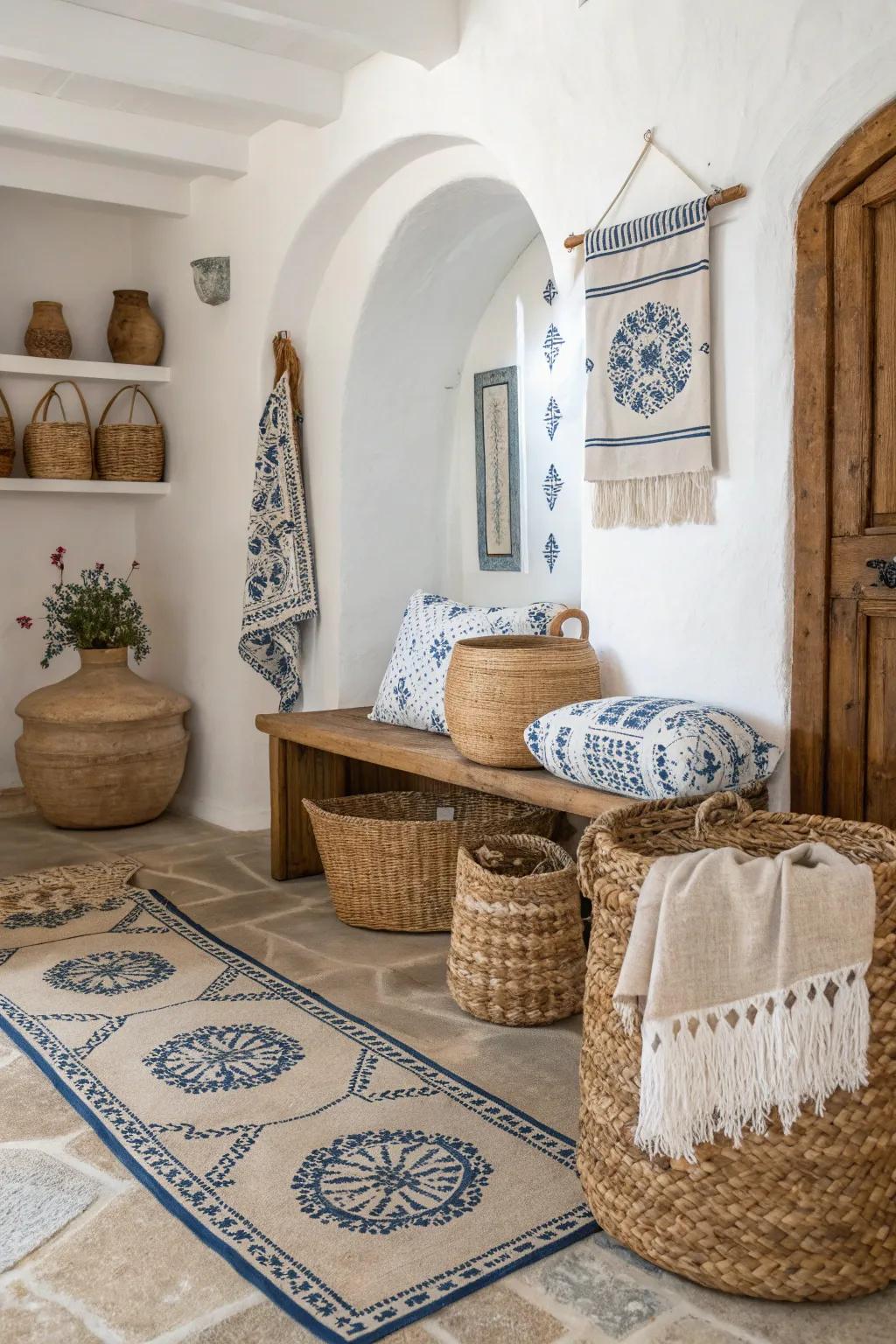 Textural design accents add warmth to Hellenic-inspired interiors.