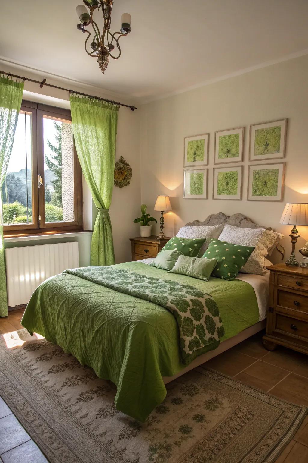 Natural light beautifully enhances the green shades in this bright bedroom.