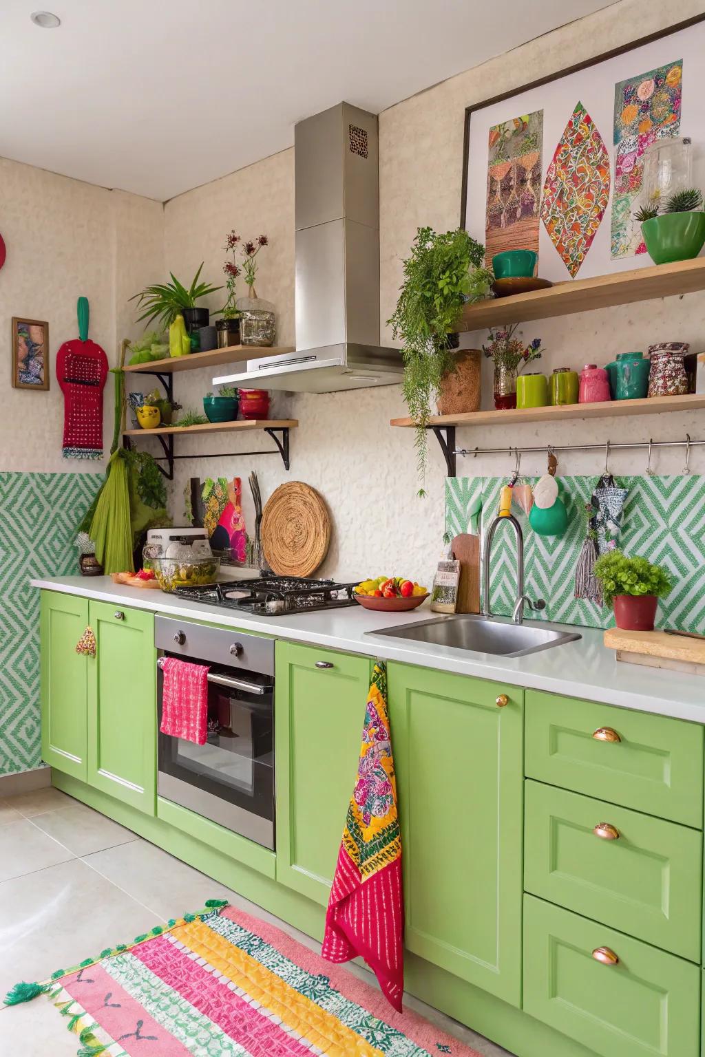 Eclectic culinary space featuring daring and radiant green cabinets.