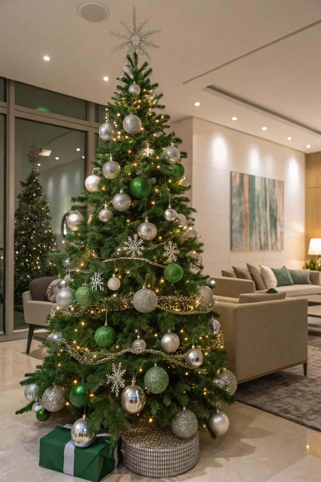 Modern sparkle with green and silver ornaments.
