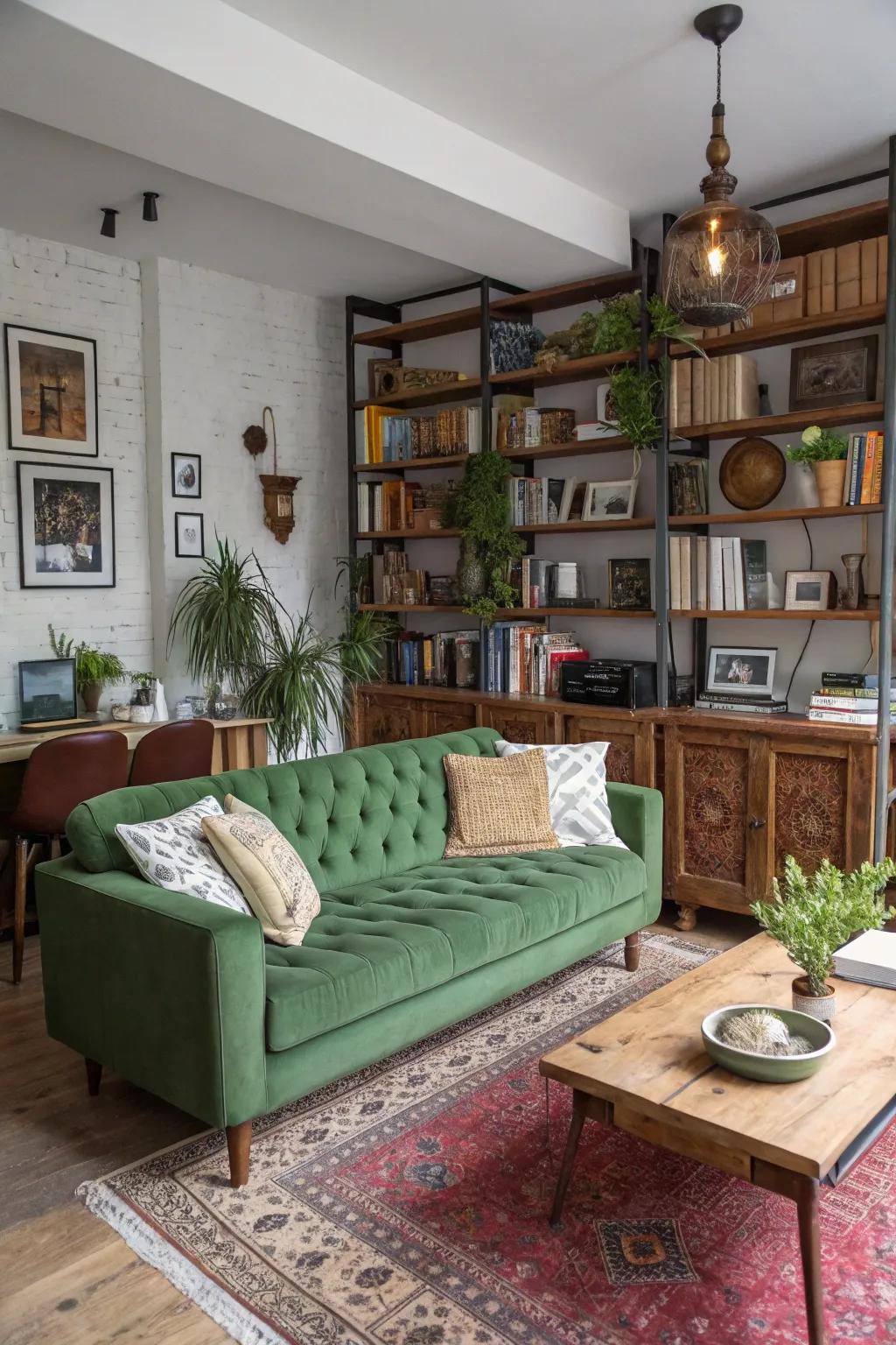 An eclectic assemblage of aesthetics fashions a distinctive and personalized area encompassing an emerald sofa.