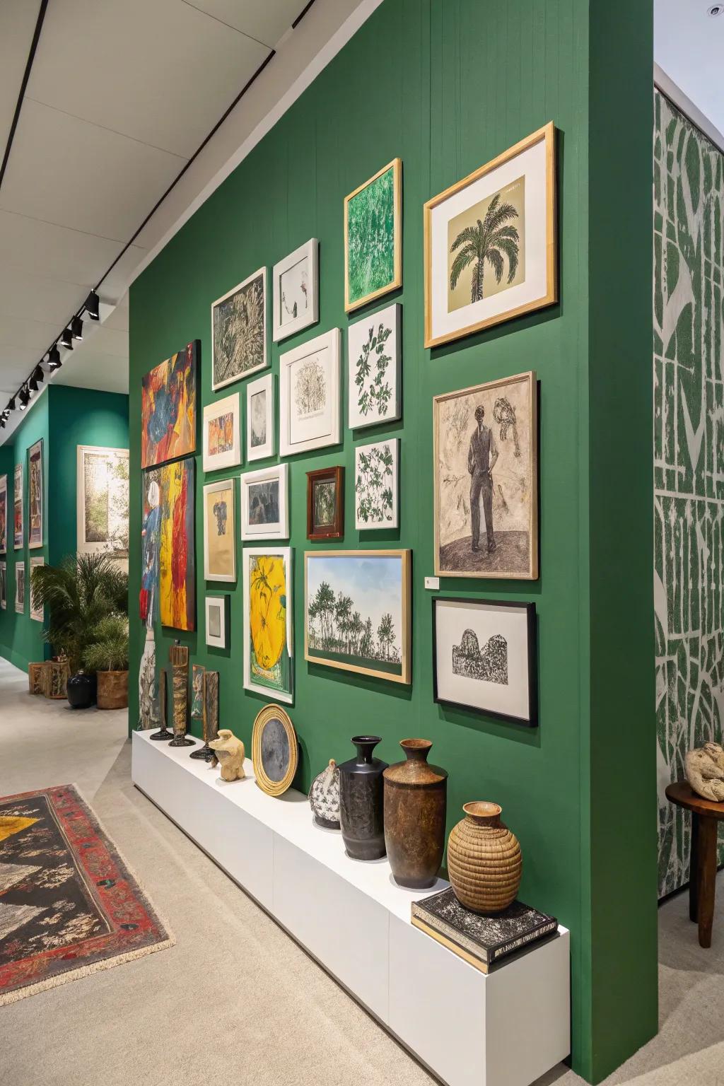 A gallery wall against green creates an impressive contrast.