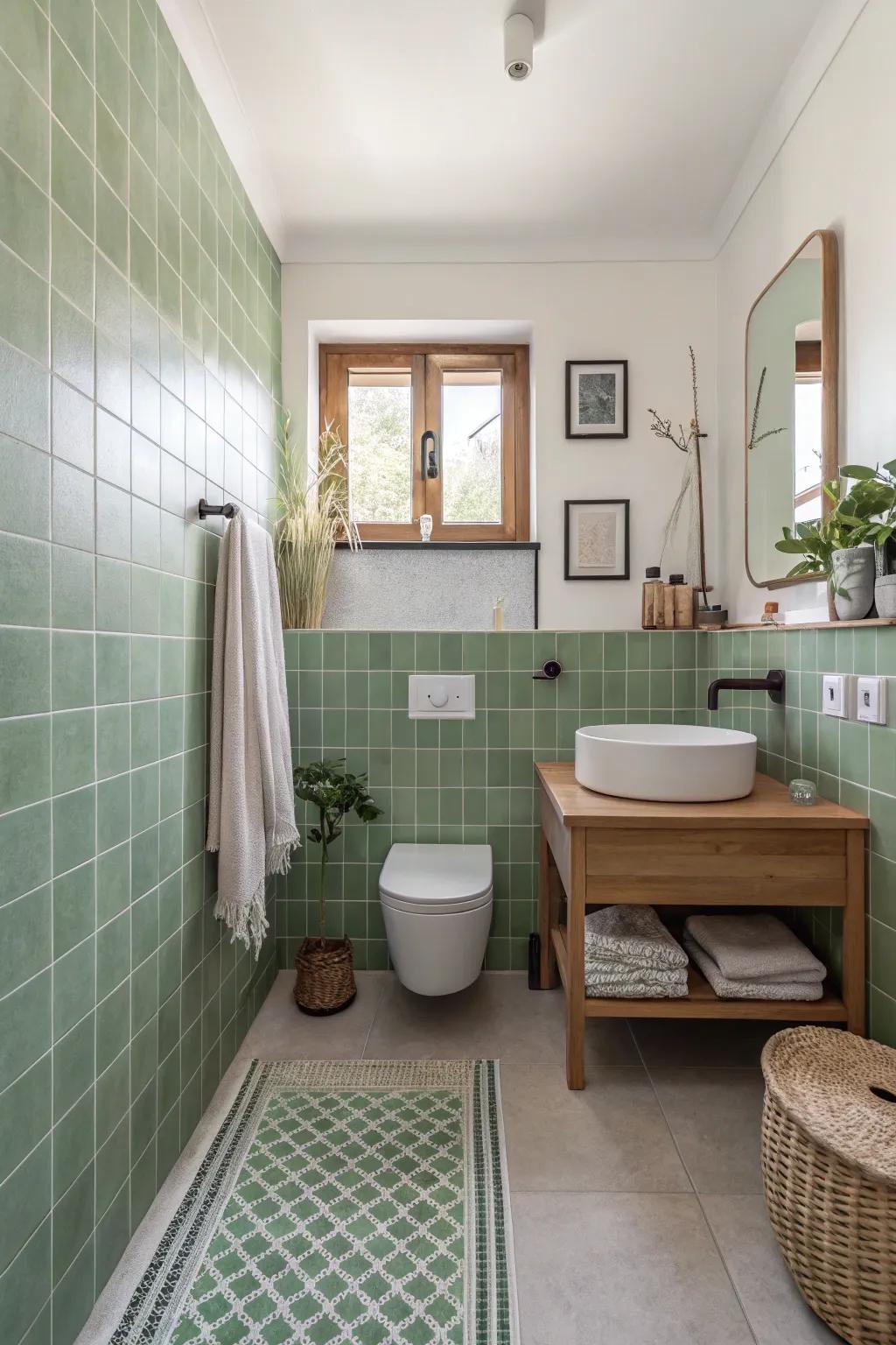 A tranquil and harmonious ambiance is produced by <strong><em>sage green</em></strong> tiles.” loading=”lazy” class=”pimg”>
	</picture><figcaption>A tranquil and harmonious ambiance is produced by <strong><em>sage green</em></strong> tiles.</figcaption></figure>
<p>Any bathroom can benefit from the peace and harmony that <strong><em>sage green</em></strong> tiles bring. I like to use them in spaces that want to have a retreat-like ambiance.</p>
<h3>These products might help:</h3>
<ul class=
