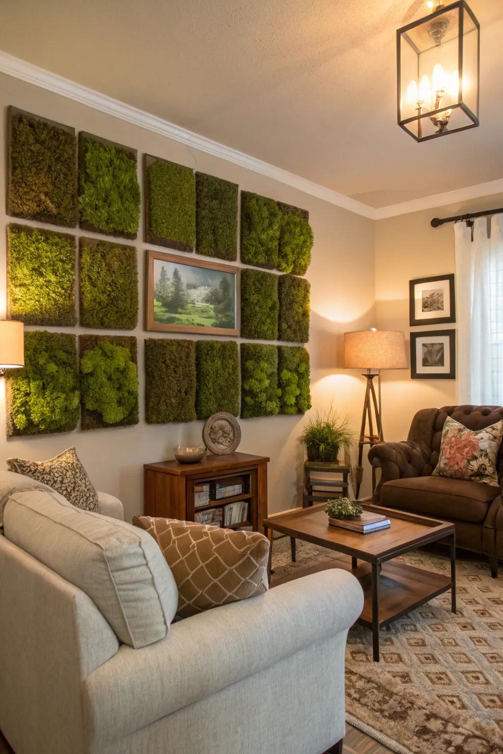 Moss wall embellishments provide a lush, natural sensation without maintenance.