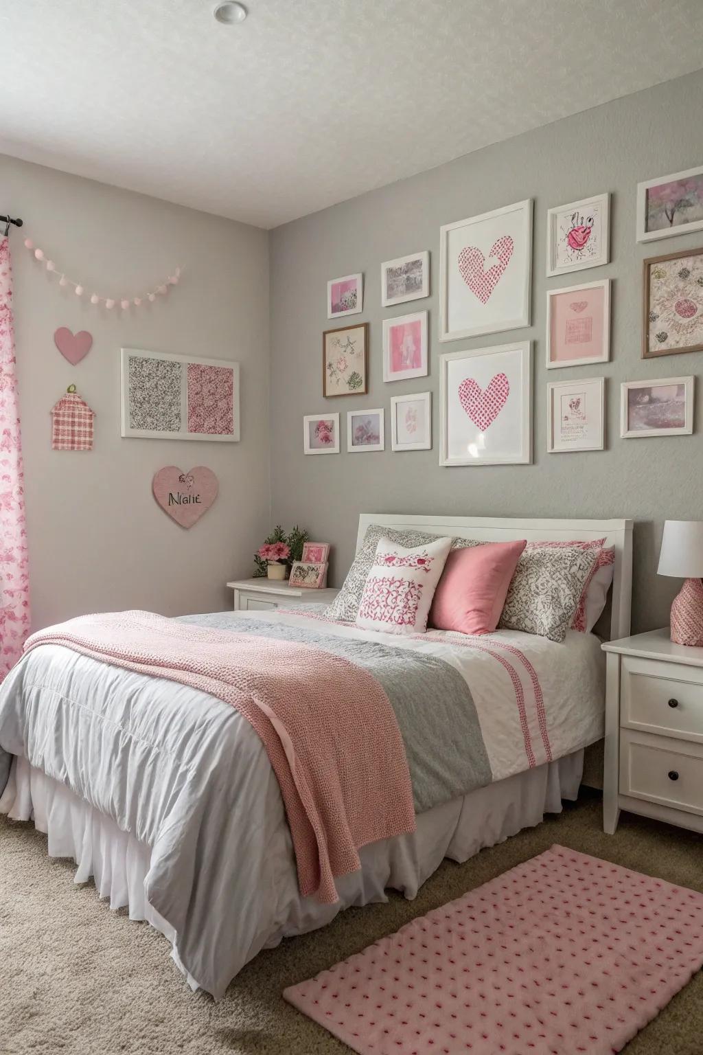 Pink artwork injects personality and style into the room.
