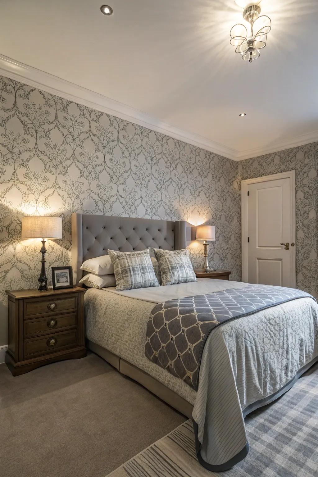 Patterns add visual interest to a grey bedroom.