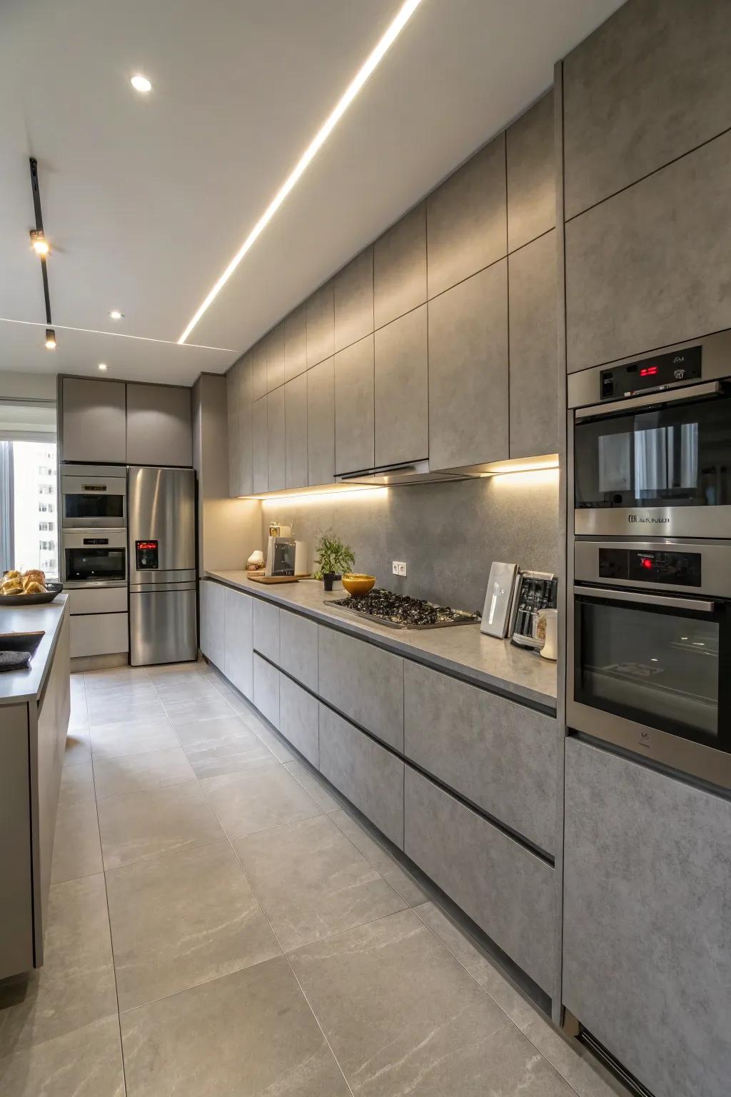 A cooking area with seamlessly integrated gadgets and grey surfaces.