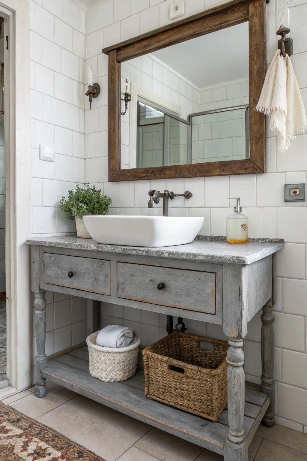 An aged platform repurposed as a charcoal washstand appends distinctive disposition.