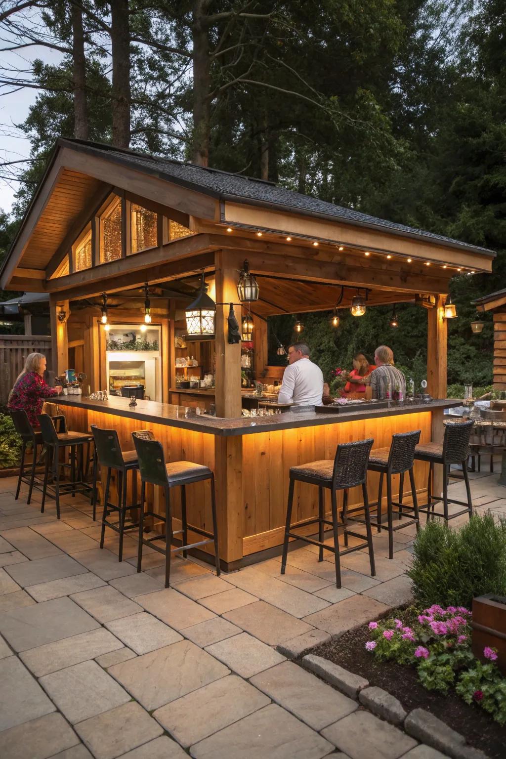 A barbecue shelter with a bar setup for ideal outdoor entertainment.