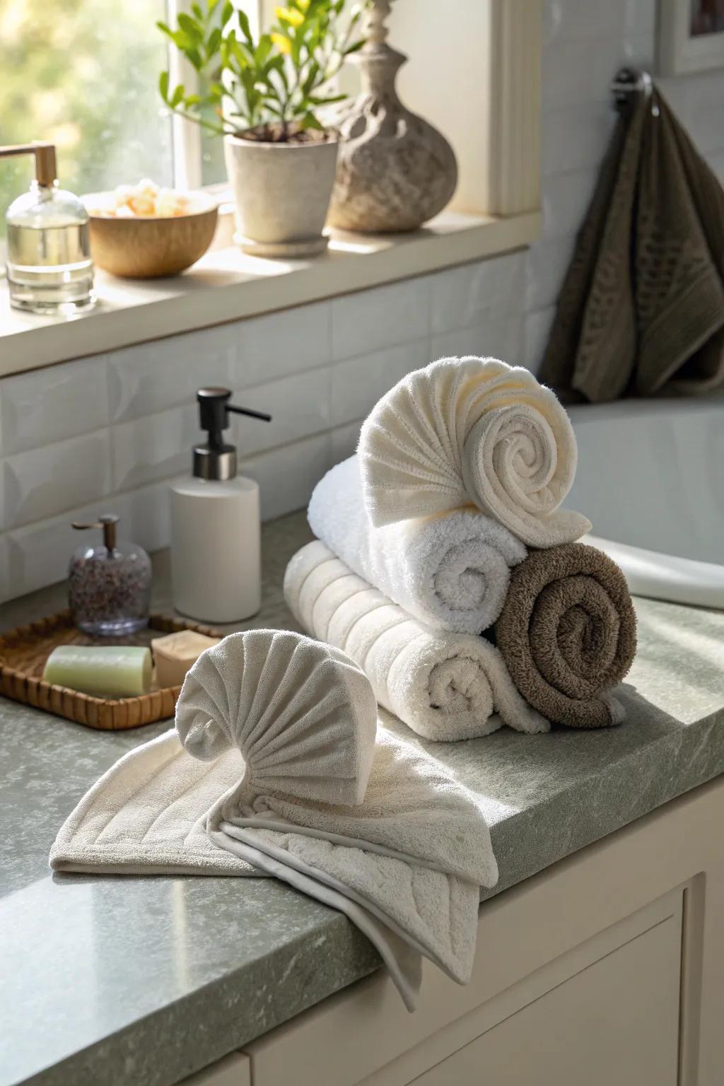 Artfully folded towels add a creative touch.