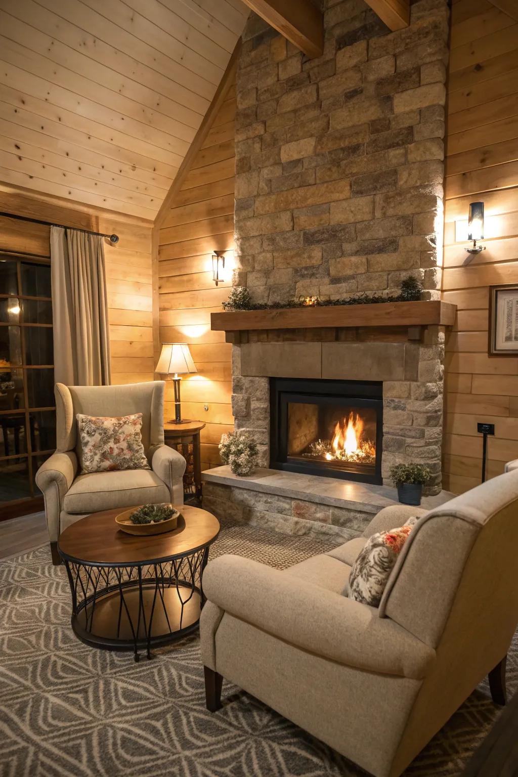 A guest house with an inviting hearth, ideal for cozy evenings.