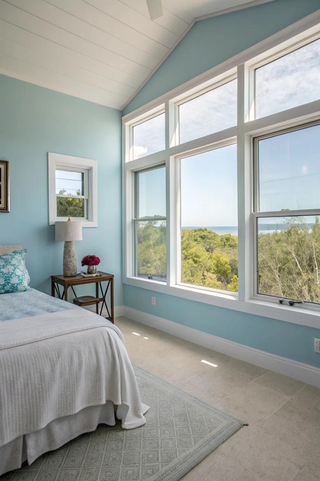 A guest room featuring sky blue walls for a light, airy feel.