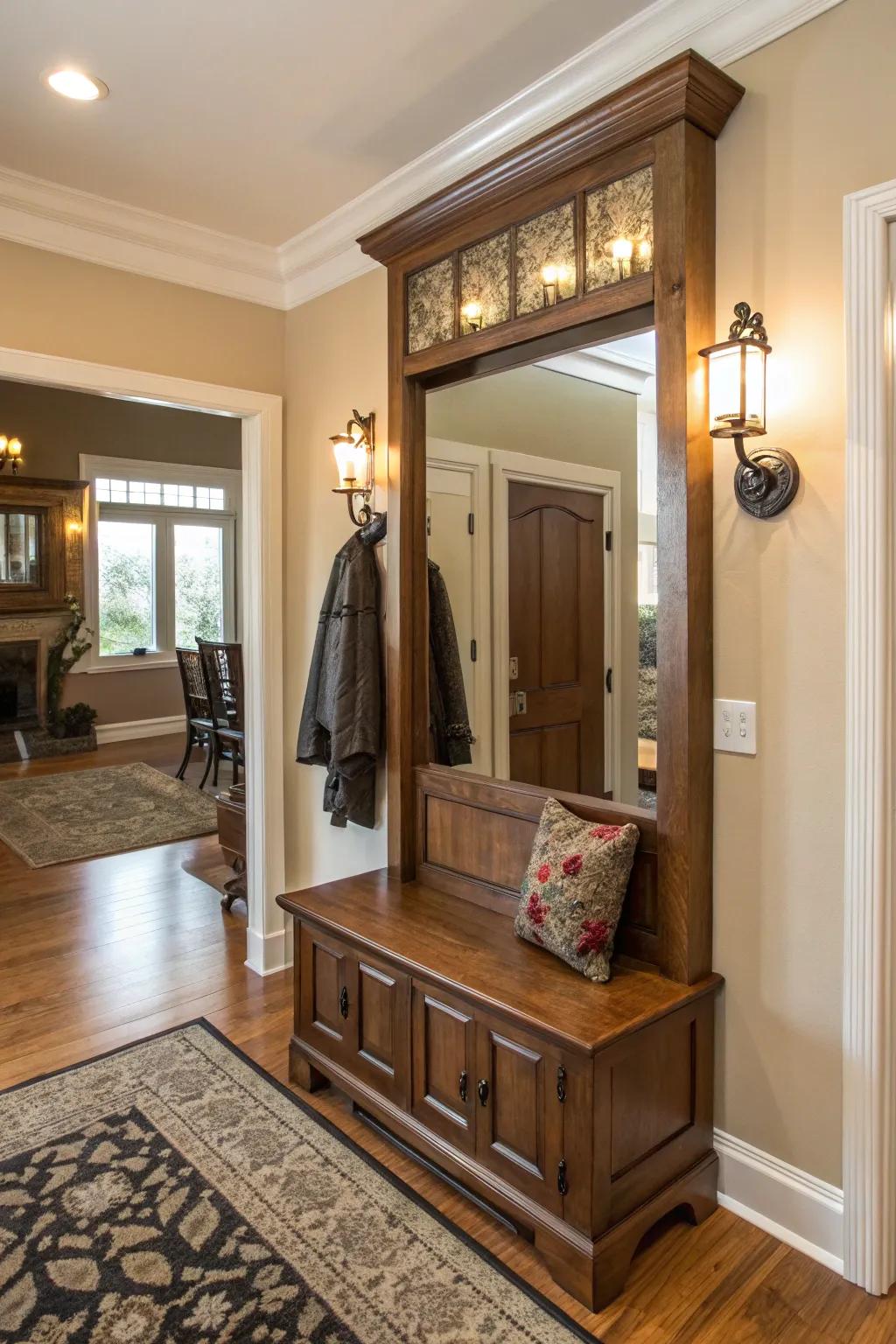 Add depth by using a hall tree that includes a mirror.