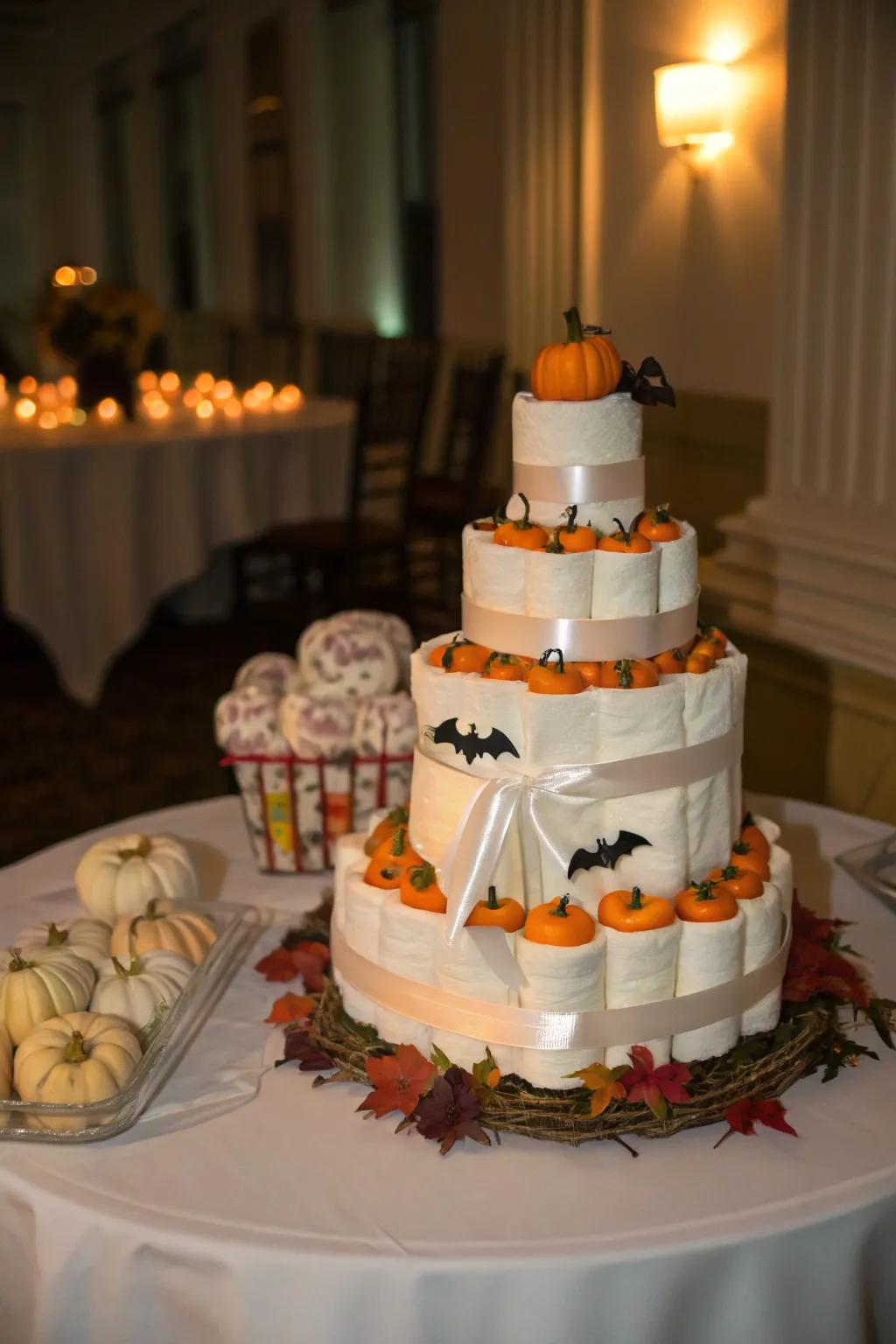 A pumpkin-themed diaper cake is a decorative and practical gift.
