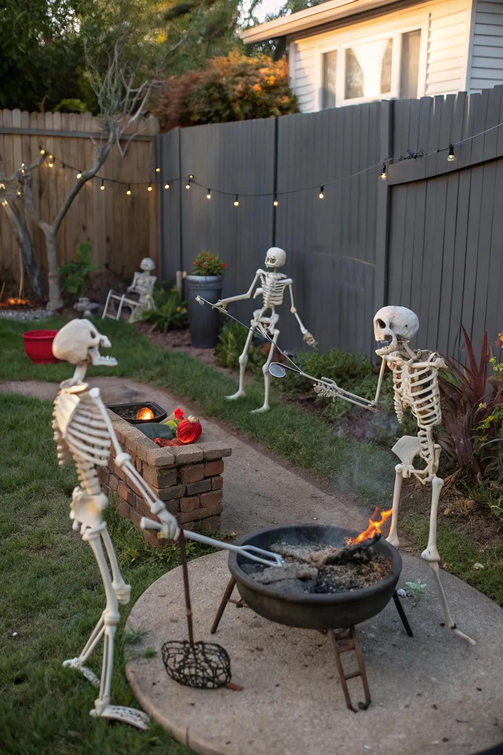 Hibachi grill skeletons give a fun and unique twist to outdoor Halloween decor.