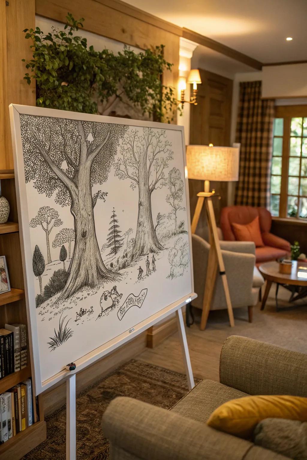 A magical woodland scene featured on a Halloween whiteboard.