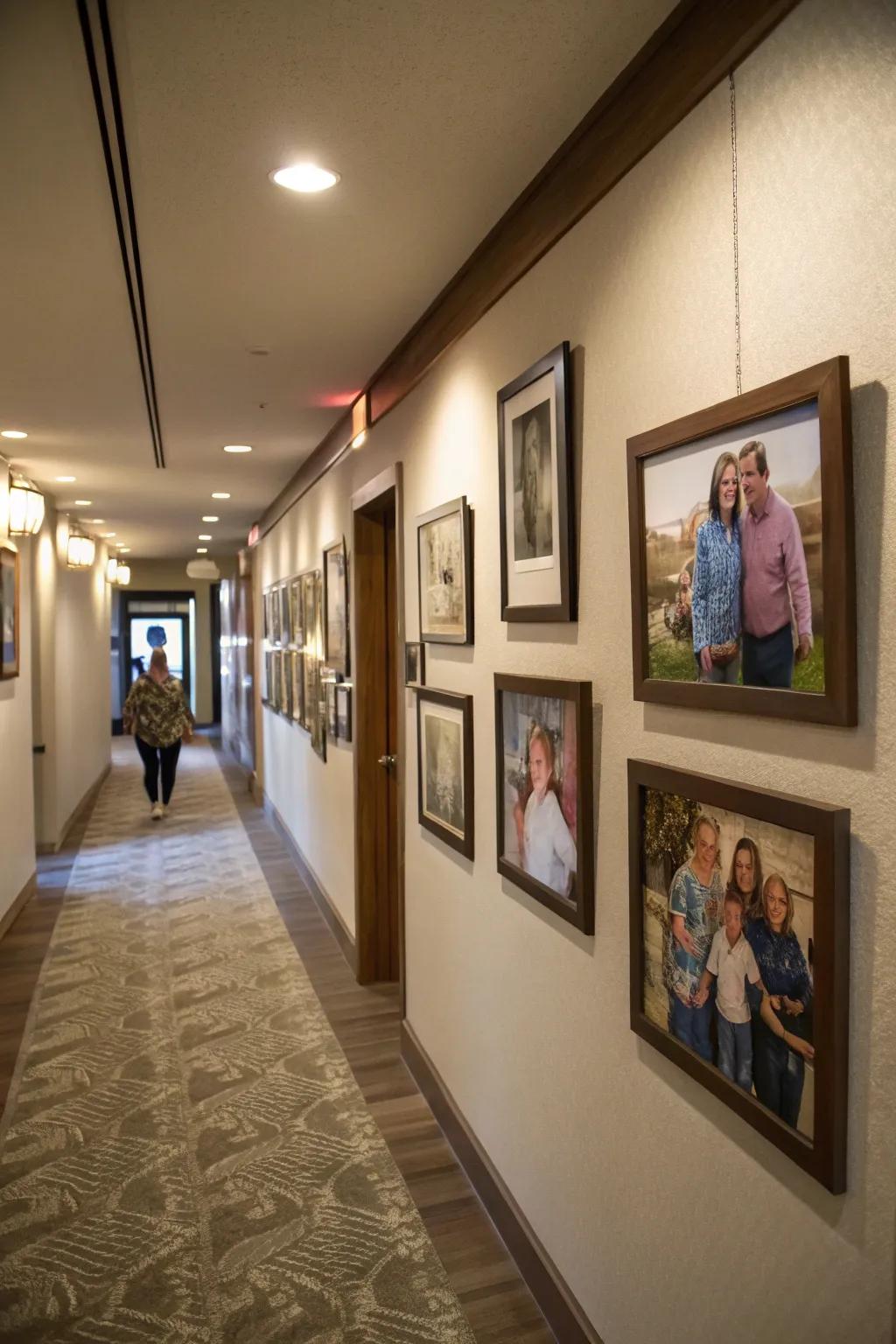 Creative presentations of family snapshots contribute a personal element to corridors.