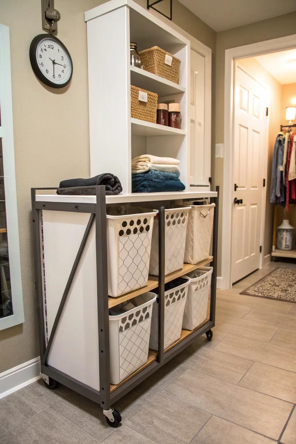 A custom DIY laundry cart makes sorting a snap.