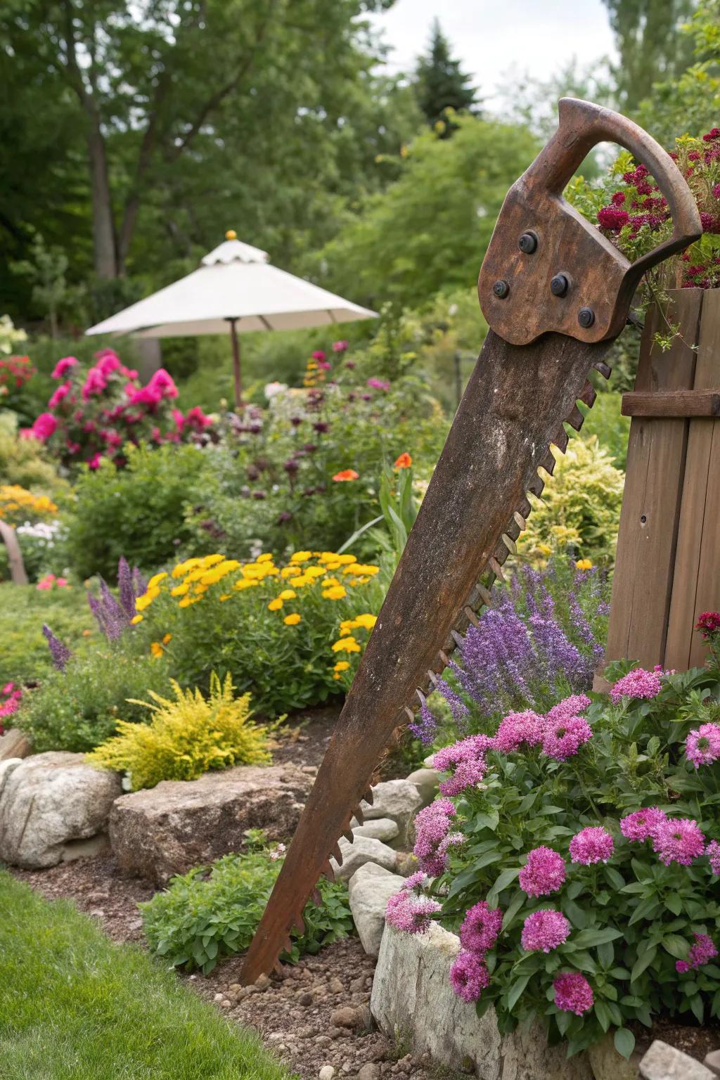 An outdoor sculptural piece crafted through vintage handsaws.
