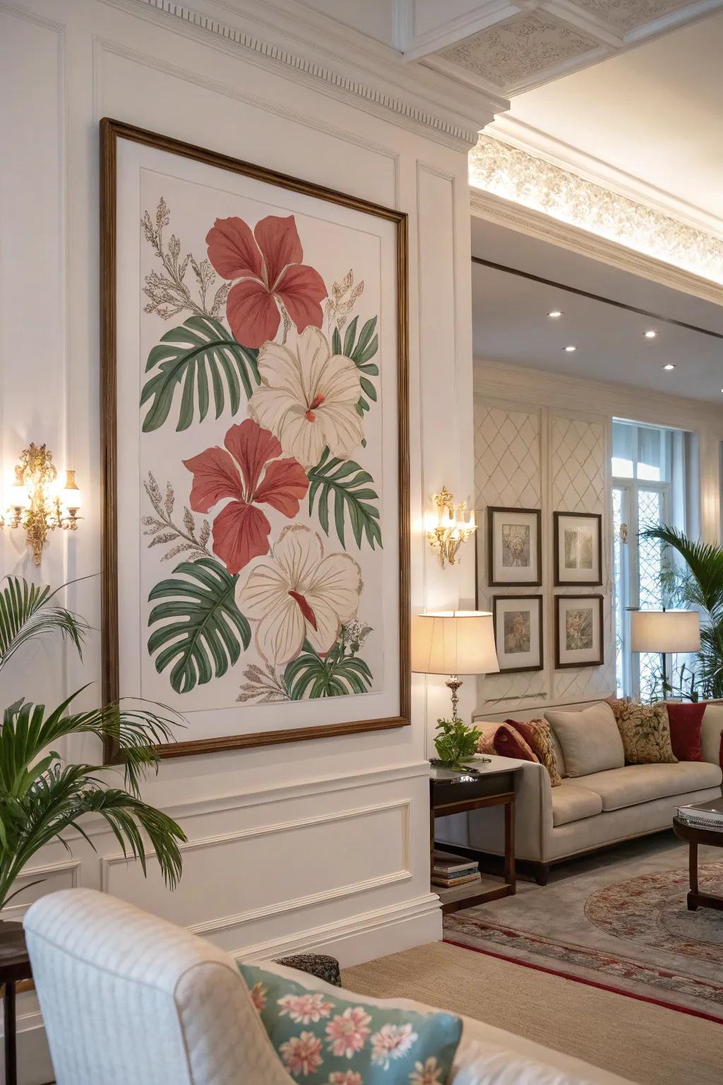 Wall decor with orchid motifs introducing elegance to a living space.
