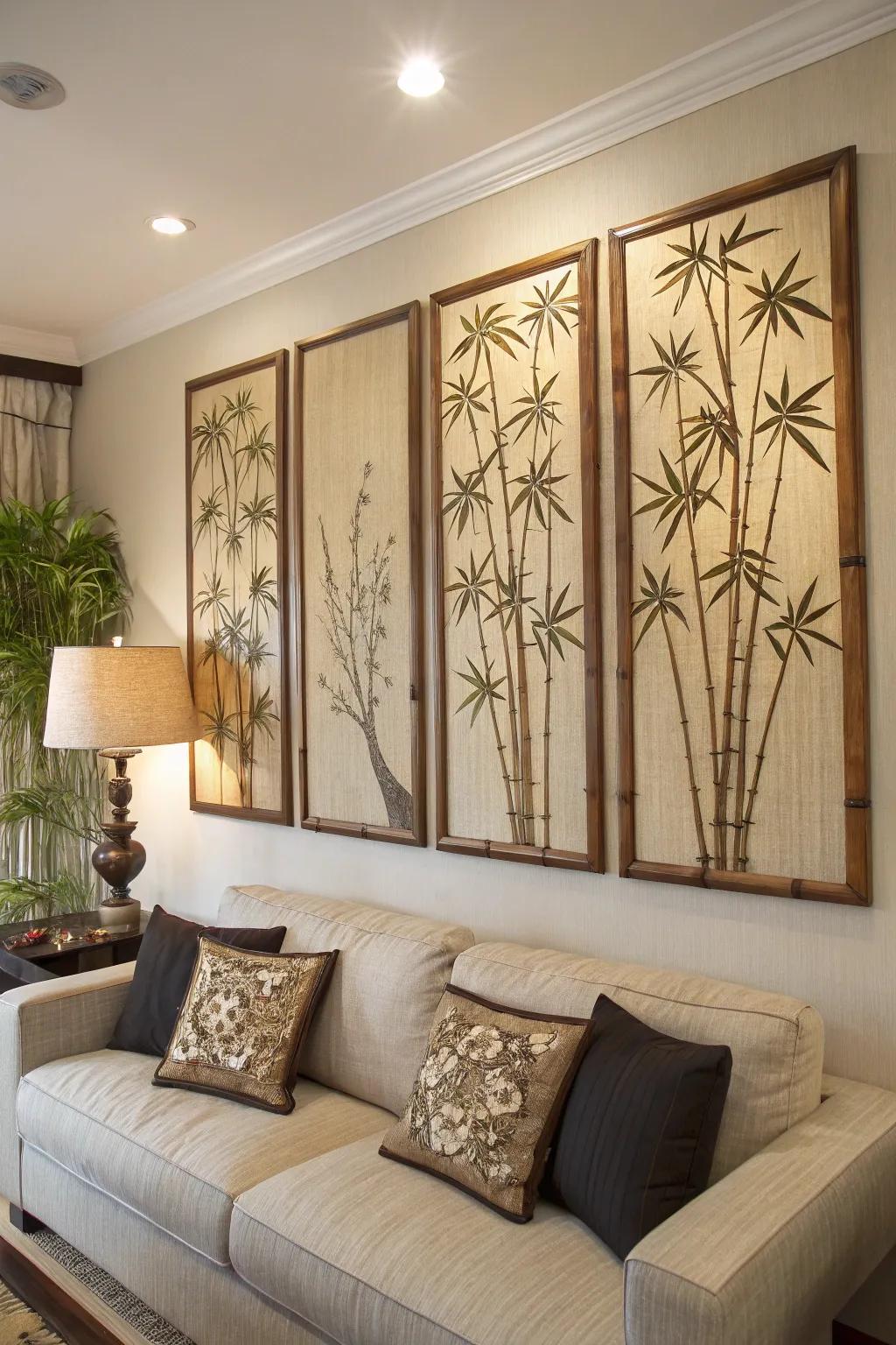 Bamboo wall art brings texture and cultural flair.