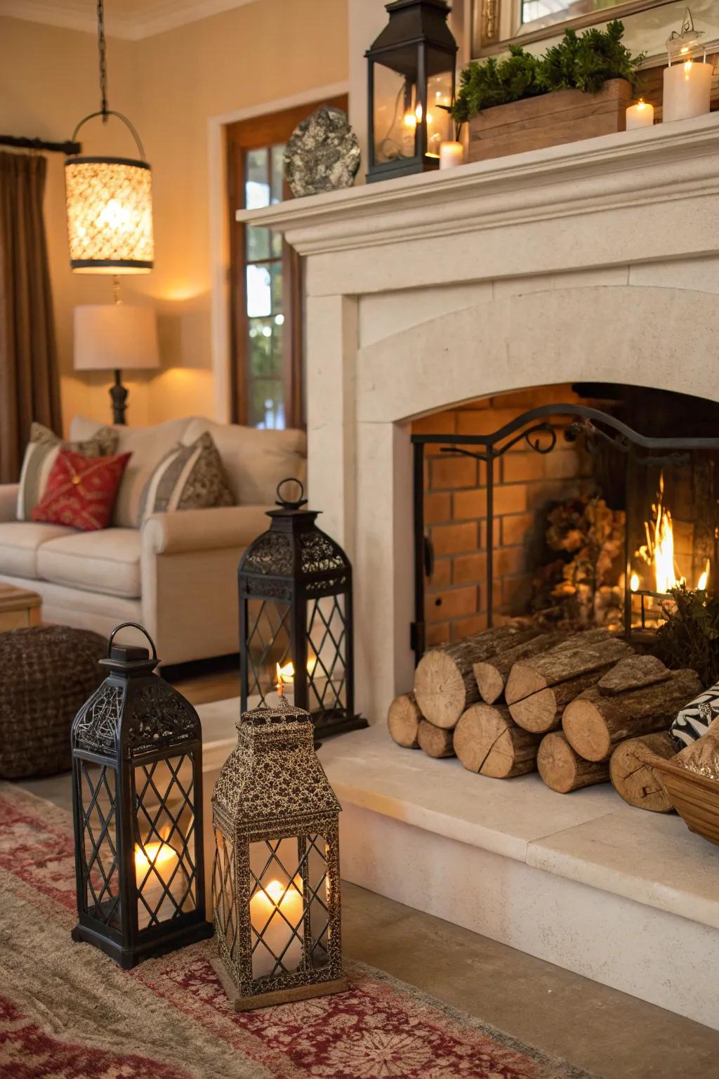 Lanterns add a rustic charm to your fireplace.