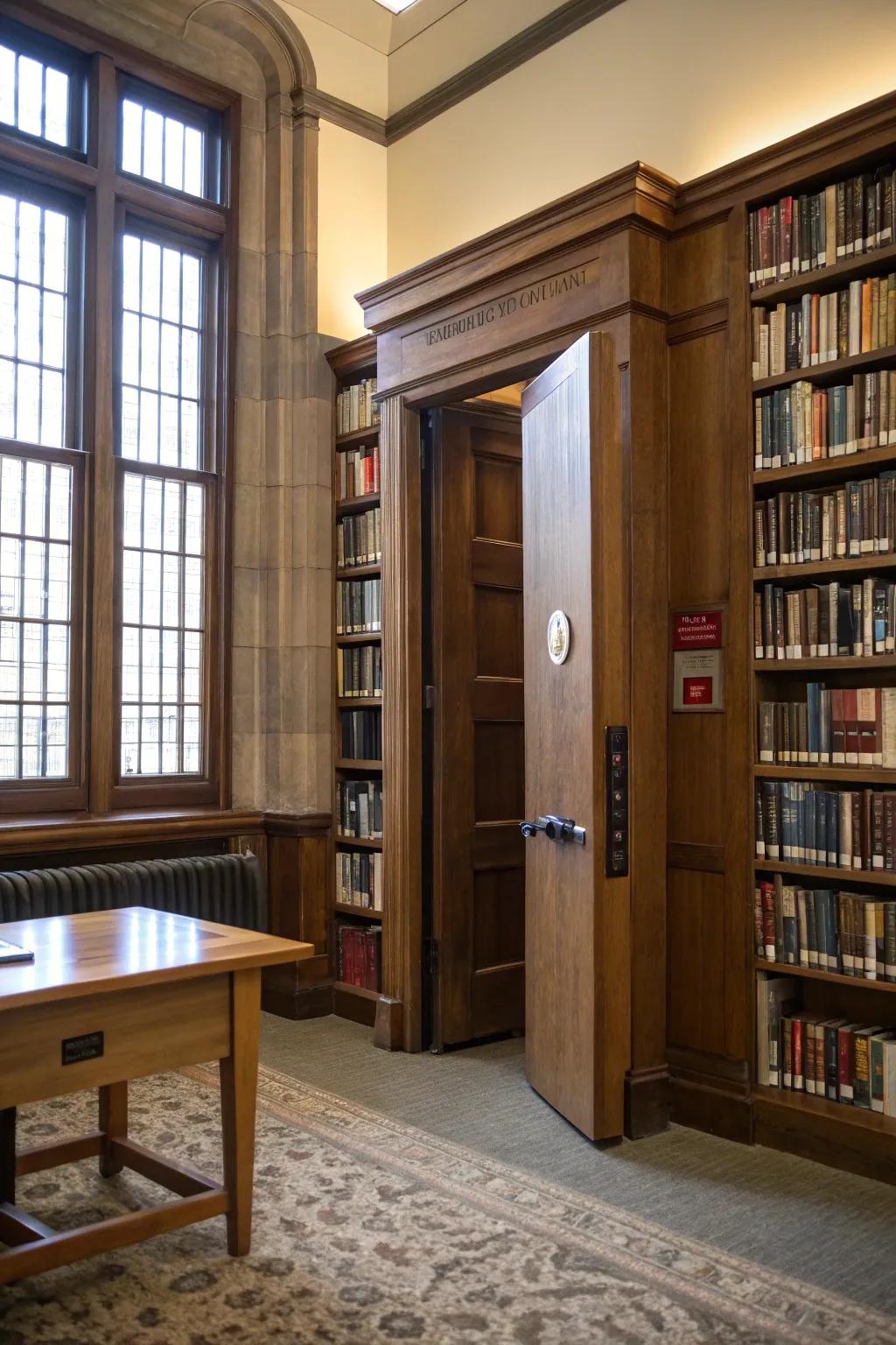 A bookcase door cleverly hiding a utility area.