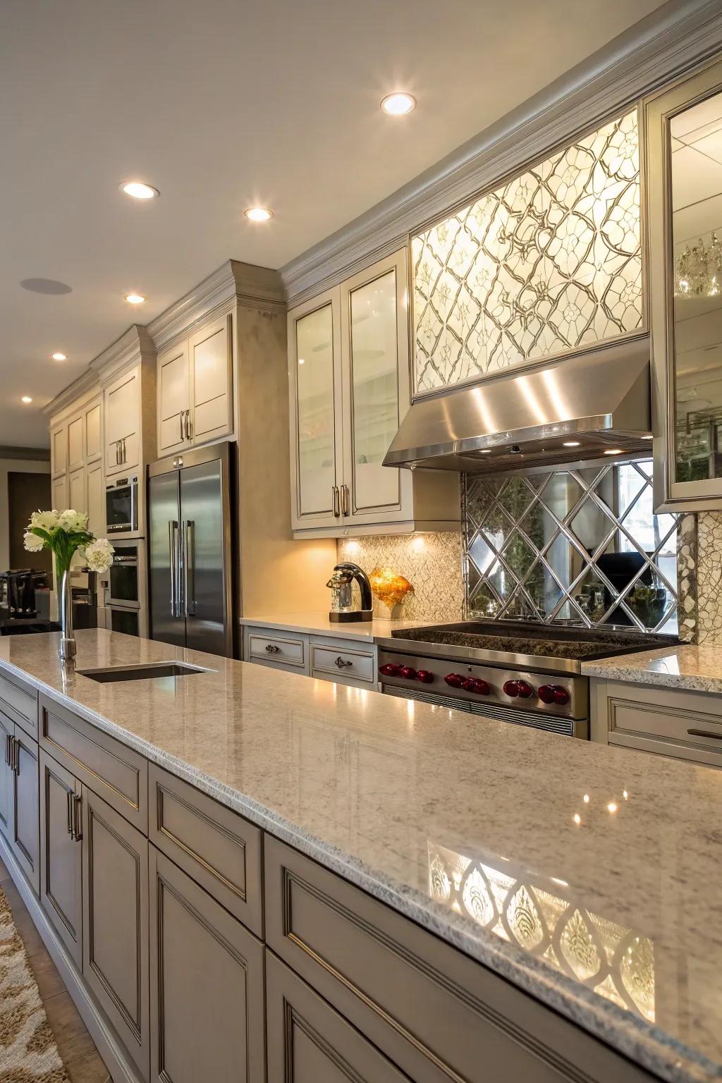 Mirrored backsplash maximizes both light and room.