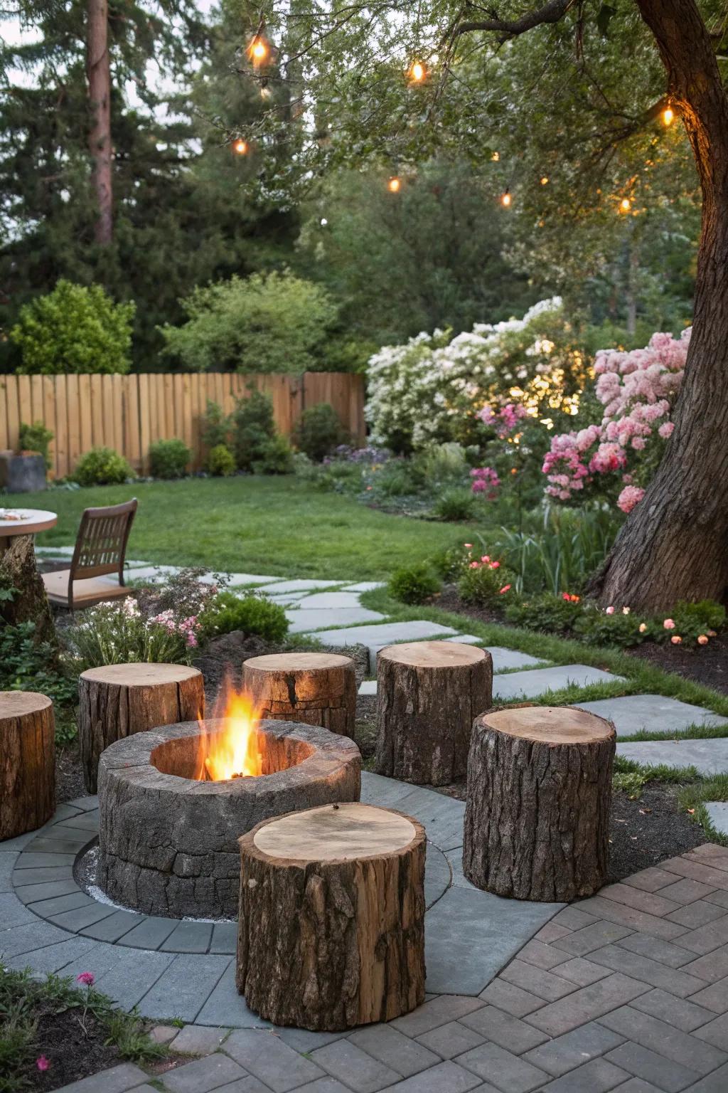 Natural base seating all-around an outdoor pit builds a comfy social spot.