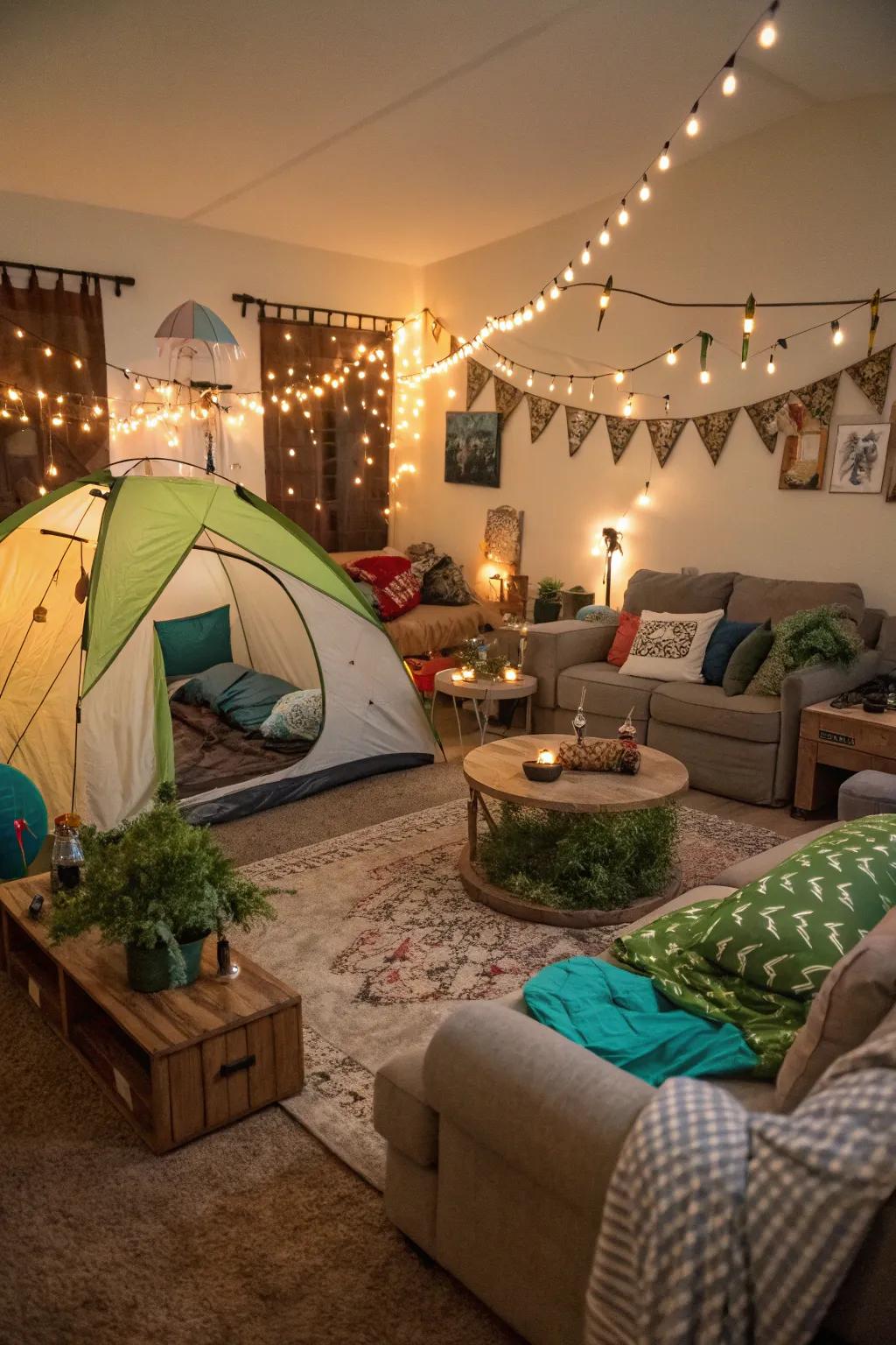 A whimsical indoor camping setup perfect for a party filled with adventure.