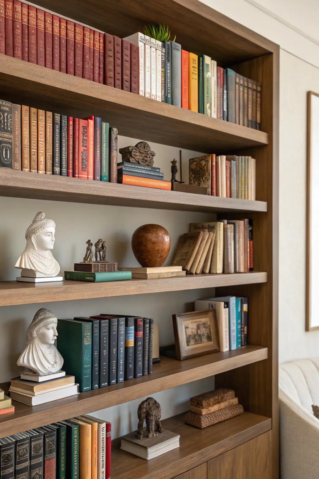A display shelf styled with books and decorative figures.