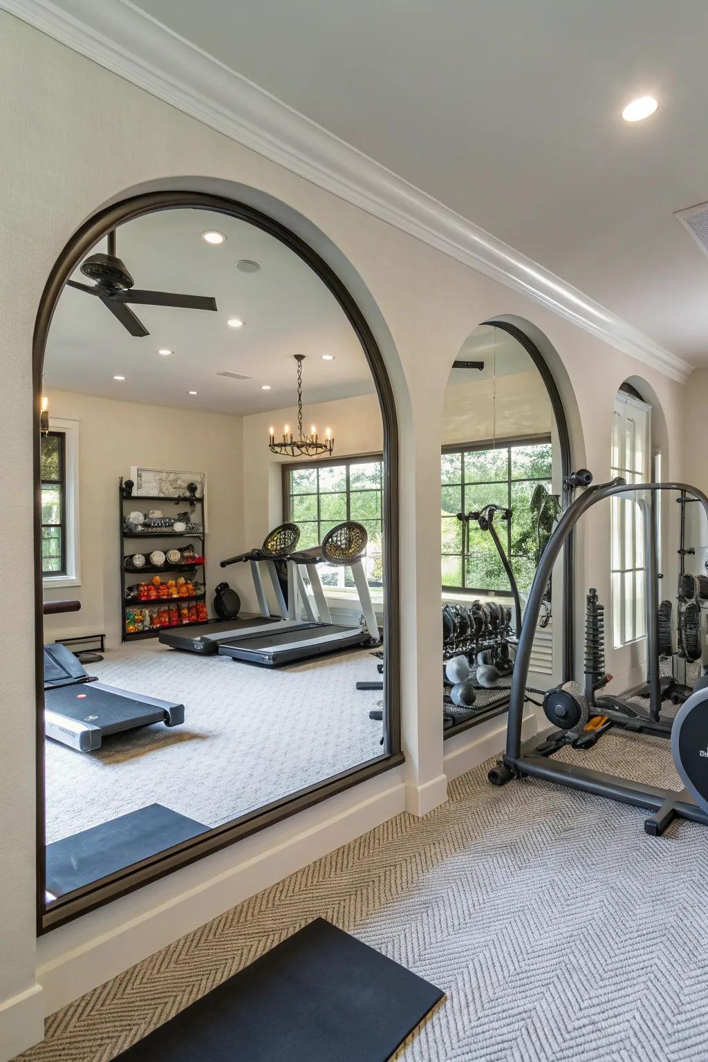 This home gym gets a trendy touch from arched mirrors.
